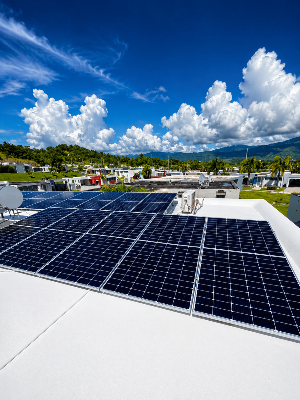 Instalación solar con vista a las montañas de Puerto Rico