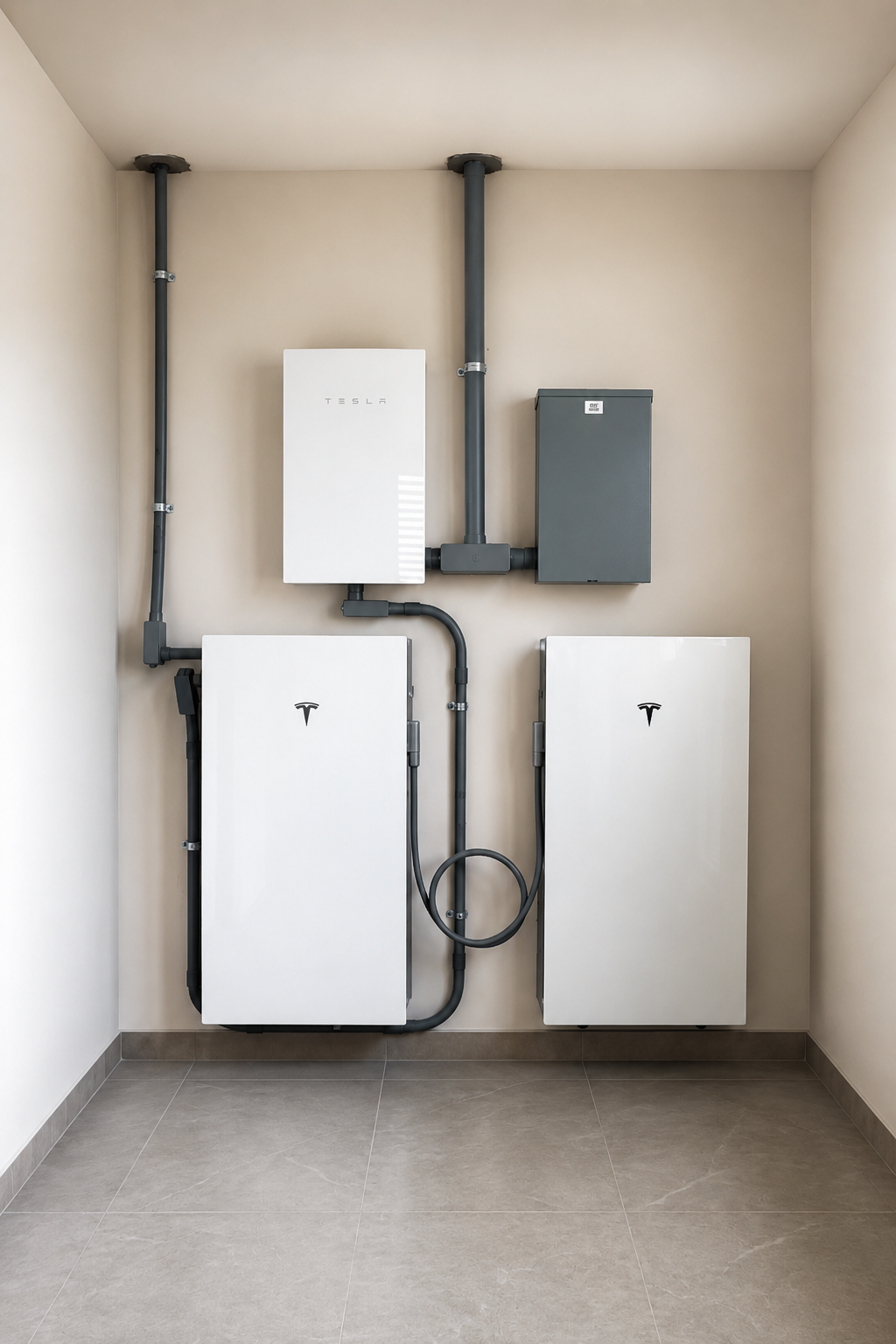 Tres baterías Tesla Powerwall instaladas en garaje residencial